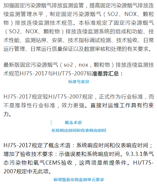 煙氣（so2，nox，顆粒物）排放連續(xù)監(jiān)測技術(shù)規(guī)范 HJ75-2017與HJ/T75-2007標準究竟有何不同